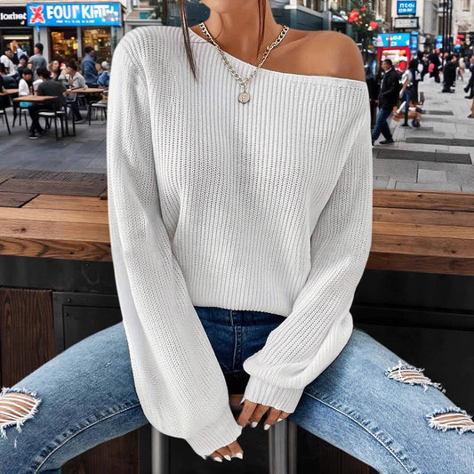 Solid-color loose pullover one-shoulder sweater