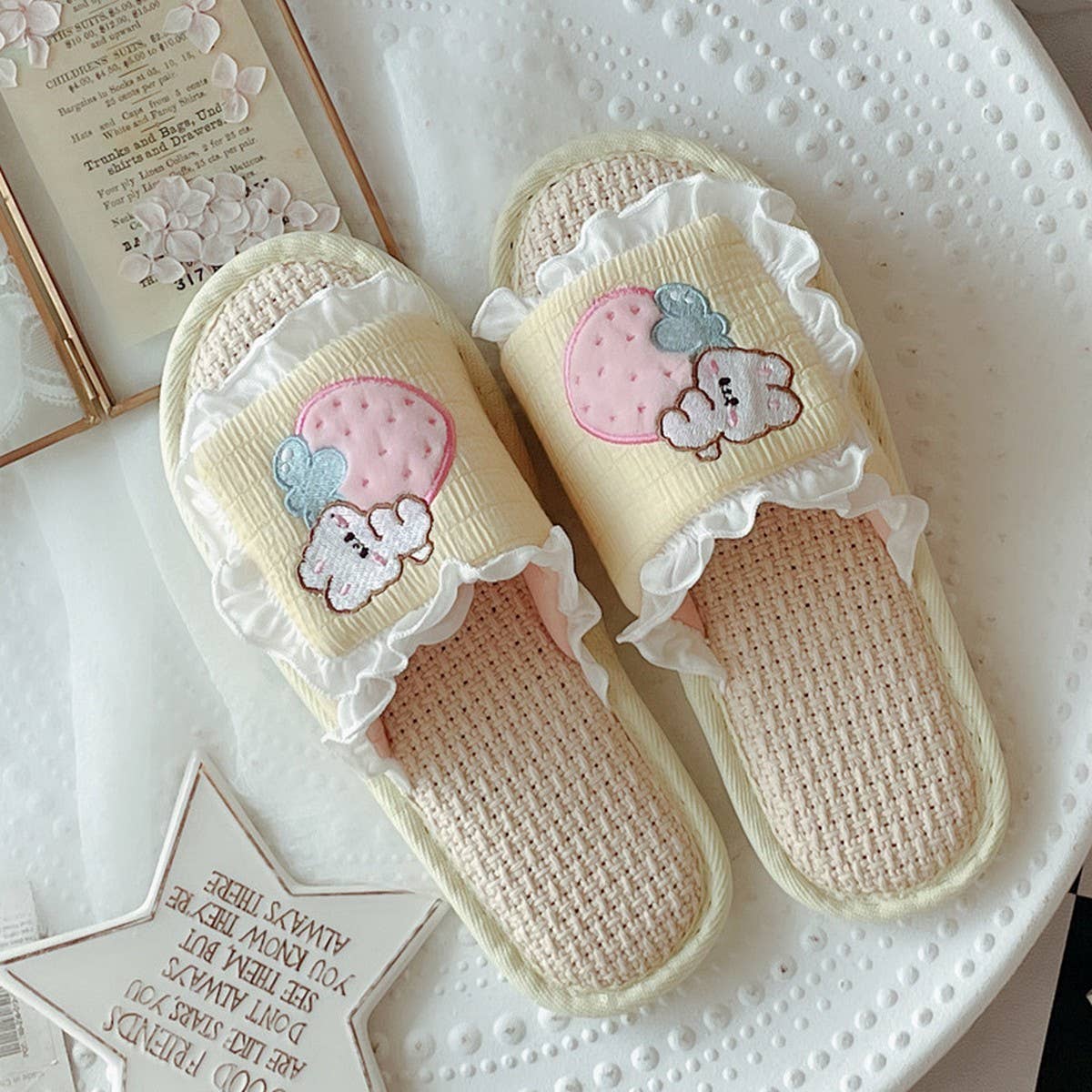 SWEET RUFFLED BREATHABLE LINEN SLIPPERS FOR WOMEN