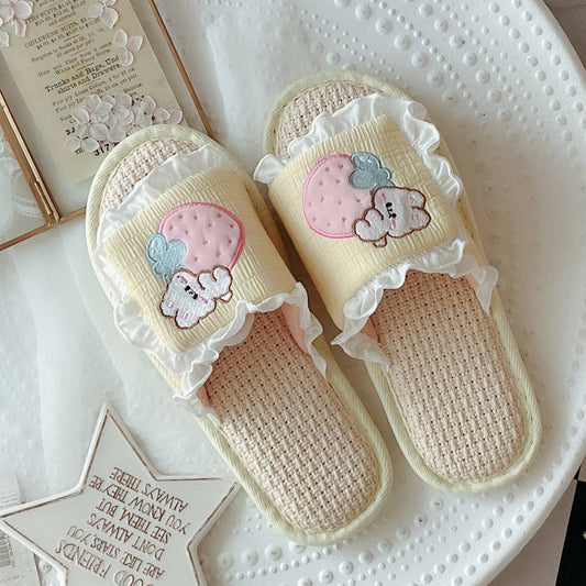 SWEET RUFFLED BREATHABLE LINEN SLIPPERS FOR WOMEN