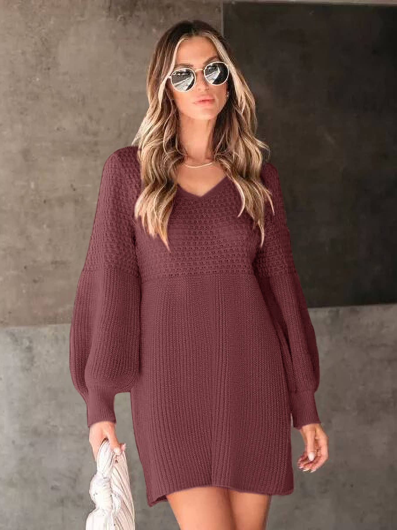 V-NECK SWEATER DRESS WITH LANTERN SLEEVES