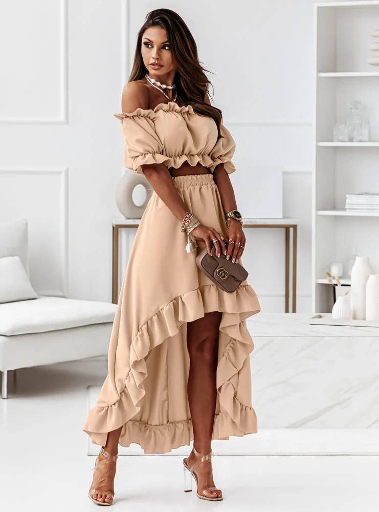 RUFFLED SKIRT IRREGULAR SHORT SLEEVE TWO-PIECE SET