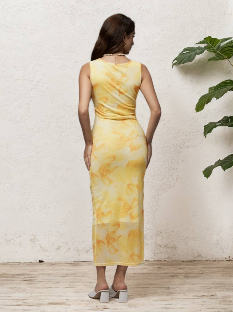 Waistband sleeveless print pleated dress