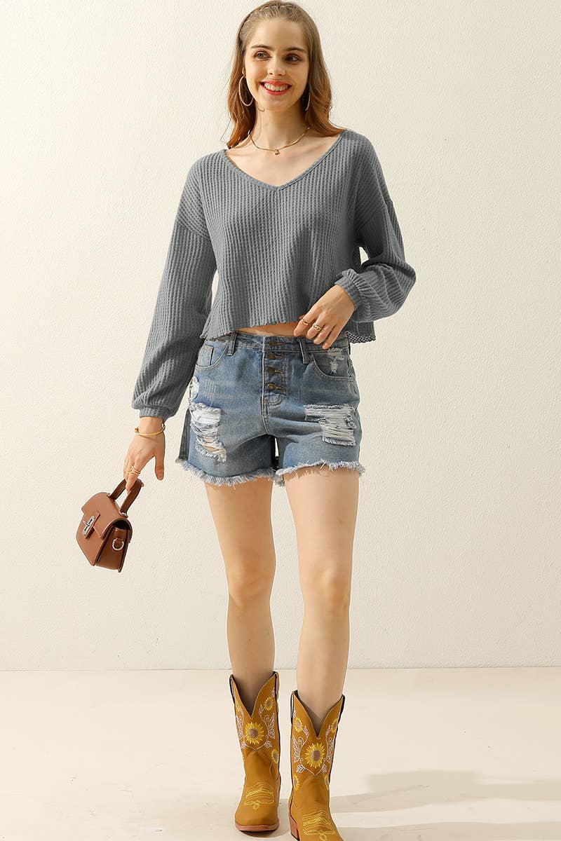 WOMEN V NECK LOOSE LONG SLEEVE BLOUSE_CWTTL1430