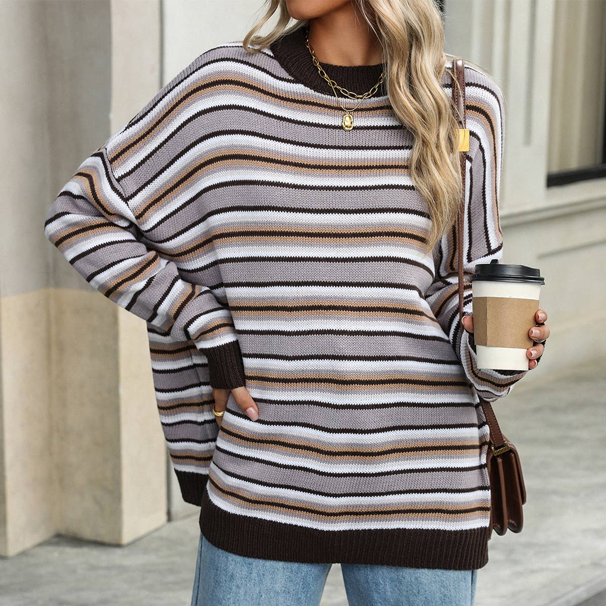 STRIPED KNIT CREWNECK PULLOVER SWEATER