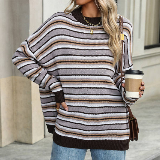 STRIPED KNIT CREWNECK PULLOVER SWEATER