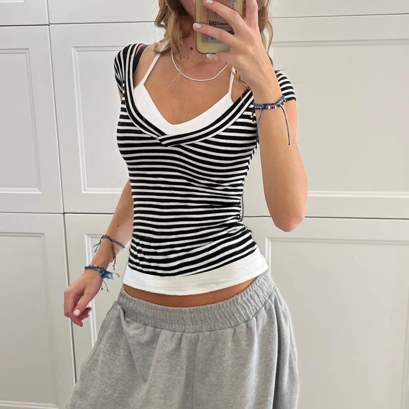 V-neck stripe color patchwork fake two T-shirts