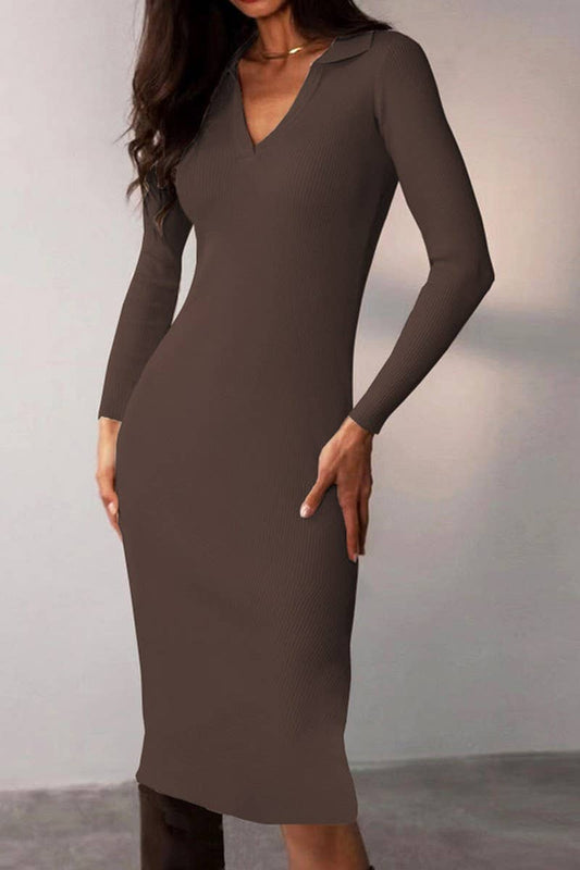 CWDMD4901_SOLID COLOR DEEP V LAPEL SLIM DRESS
