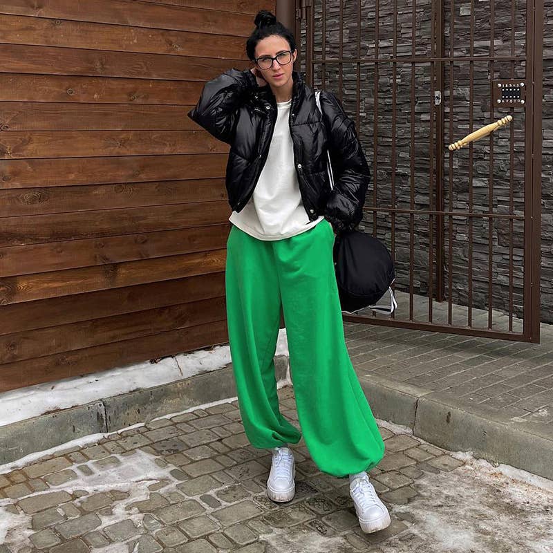 SOLID COLOR LOW-RISE LANTERN WIDE-LEG PANTS