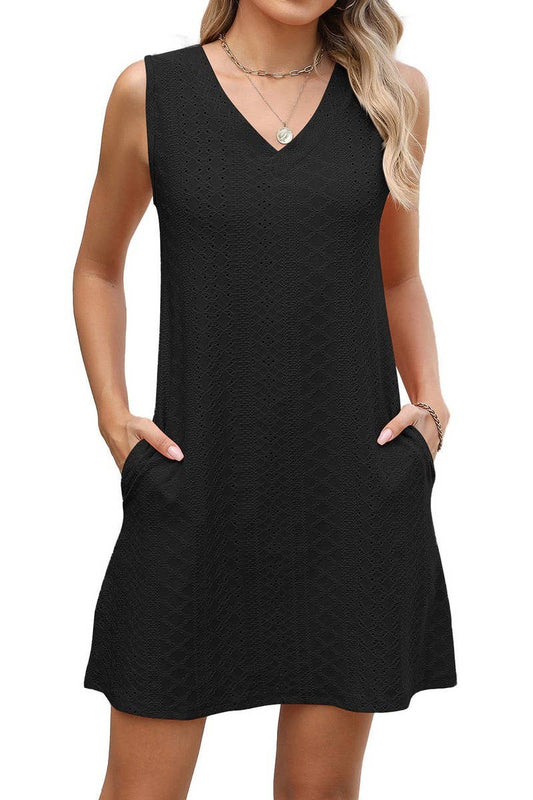 CWDSD7403_SUMMER CASUAL SOLID COLOR V-NECK DRESS