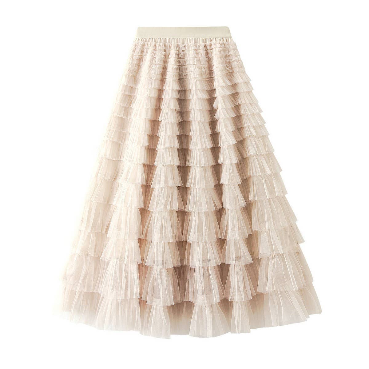 White Tulle Tiered Pleated A-Line Maxi Skirt