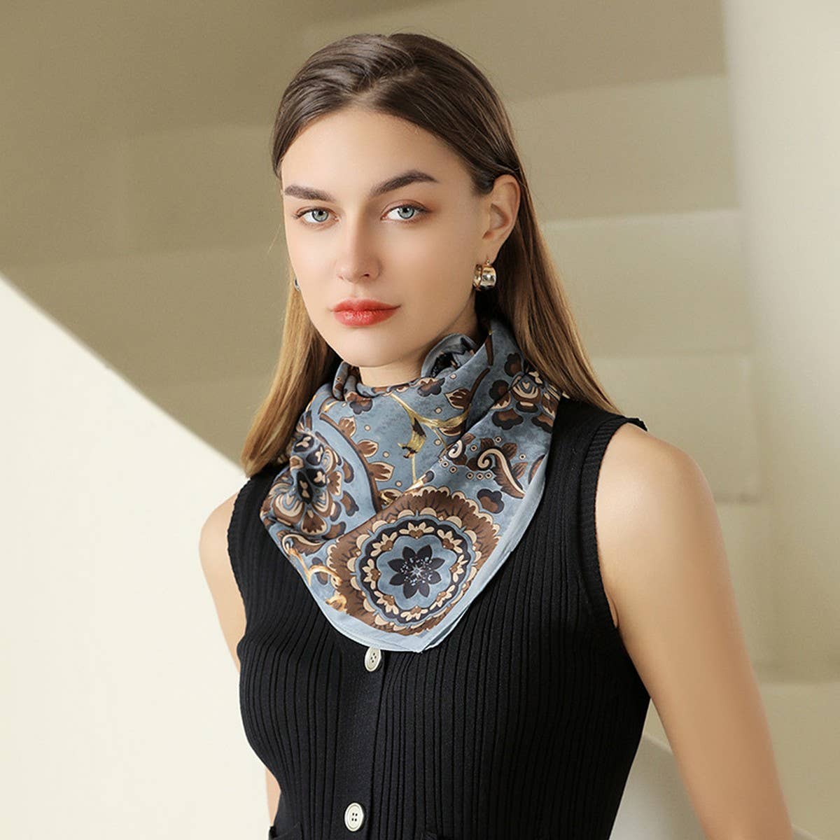 FLOWER PRINT SMALL NECK SILK SCARF SQUARE SCARVES