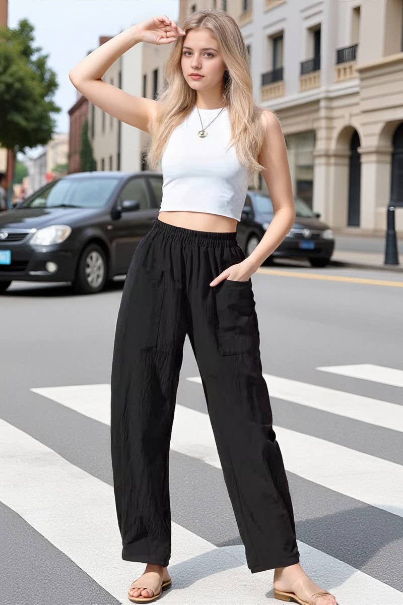 CWBLP01074_2025 WOMEN LINEN COTTON CASUAL PANTS ELASTIC WAIS