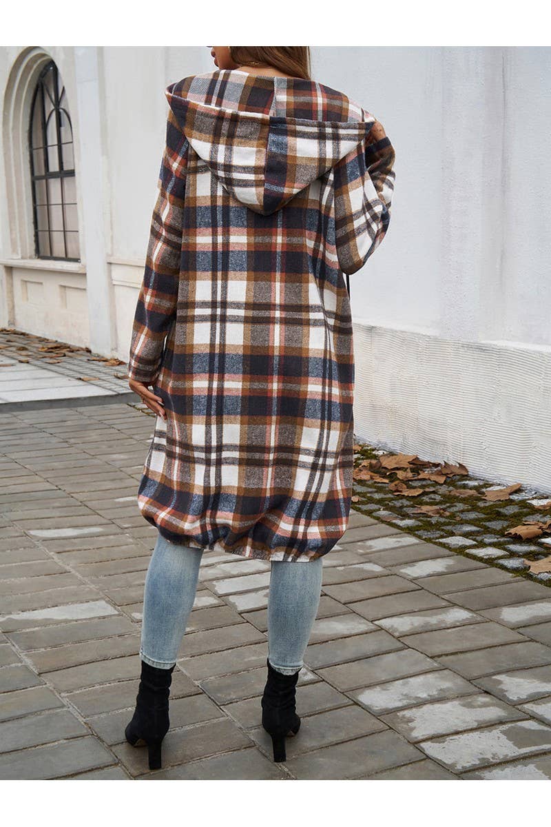 CWOCO0236_Casual Baggy Plaid Long Sleeved Zipper Hooded Coat