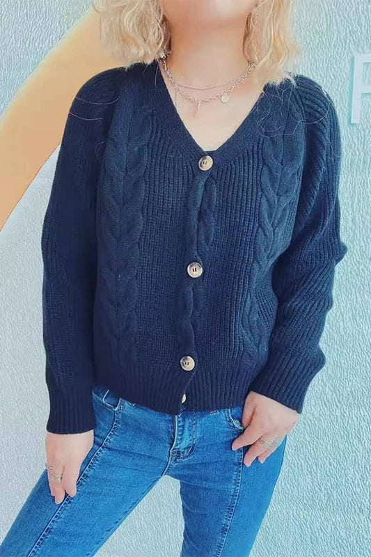 V-neck thick needle hemp flower short cardigan