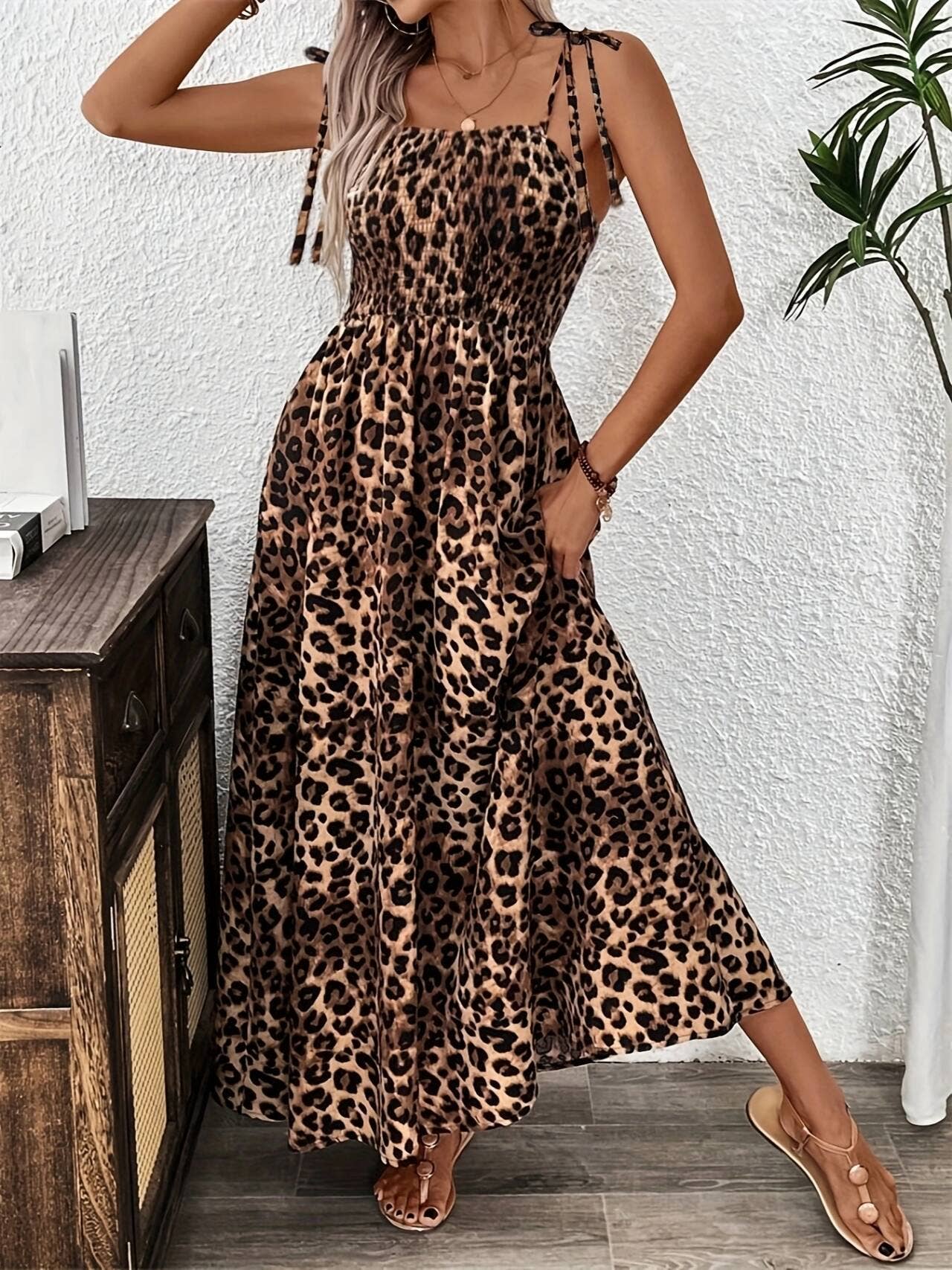 Leopard print halter backless vacation dress