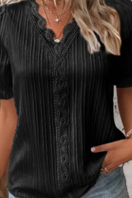 Cwtbls1468_Solid Color V-Neck Hollow Short-Sleeved Shirt