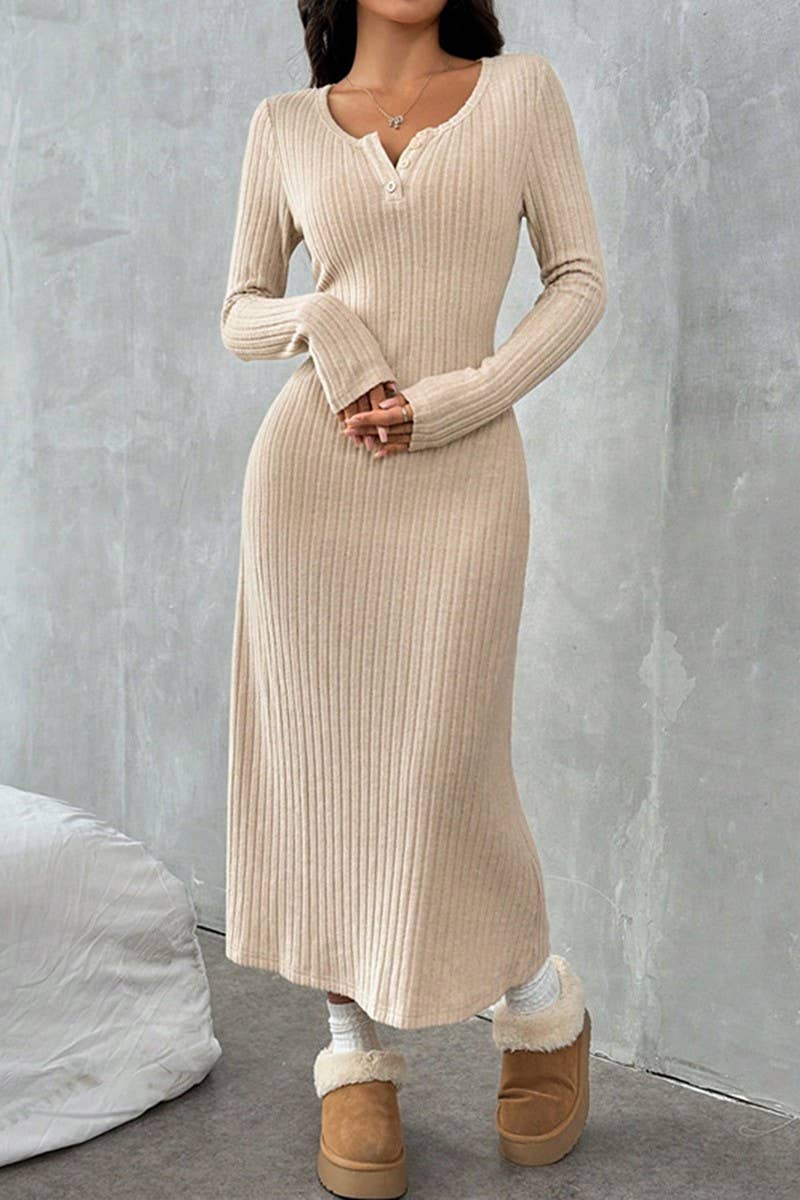 CWDMD00981_ELEGANT SLIM-FIT V-NECK SOLID COLOR SWEATER DRESS