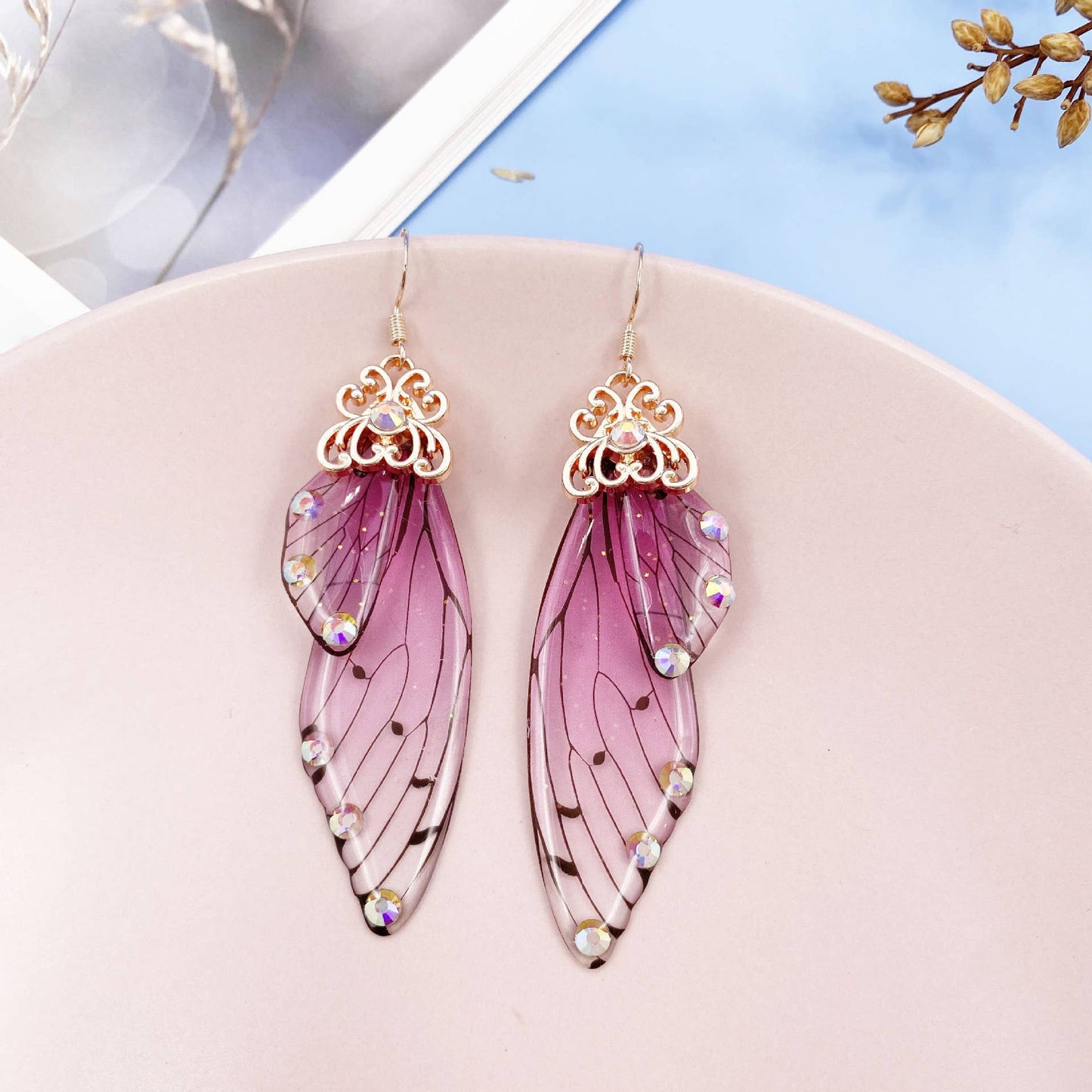 Elegant long earrings with cicada wing wings