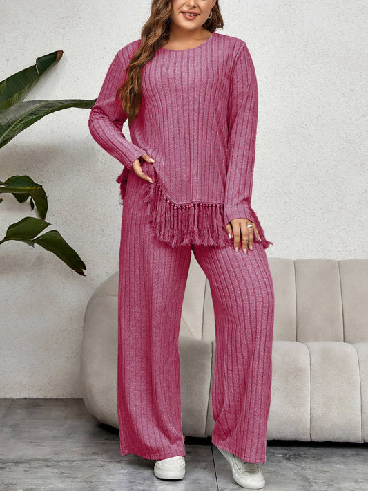 IRREGULAR FRINGE TOP LOOSE WIDE LEG PANT SUIT