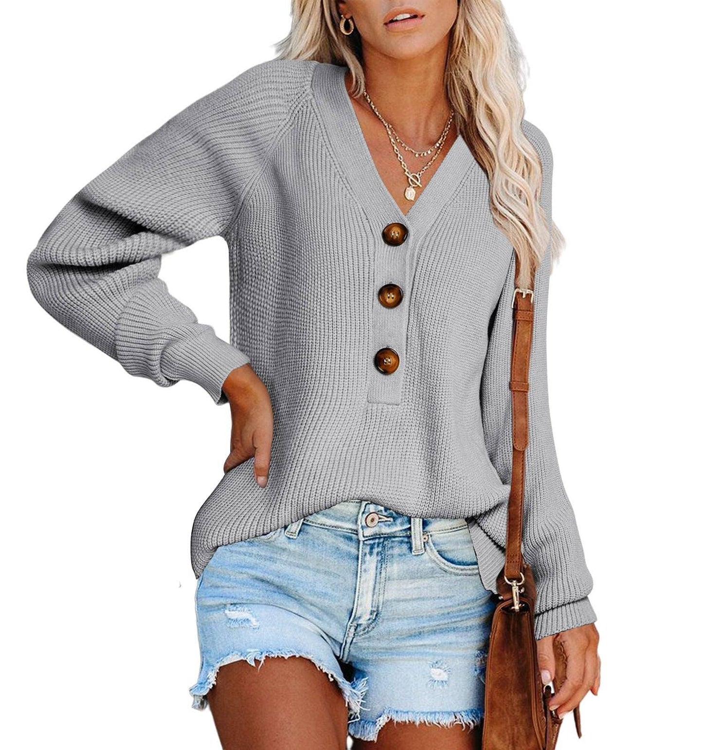 KNIT PULLOVER V-NECK SINGLE BREASTED SWEATER