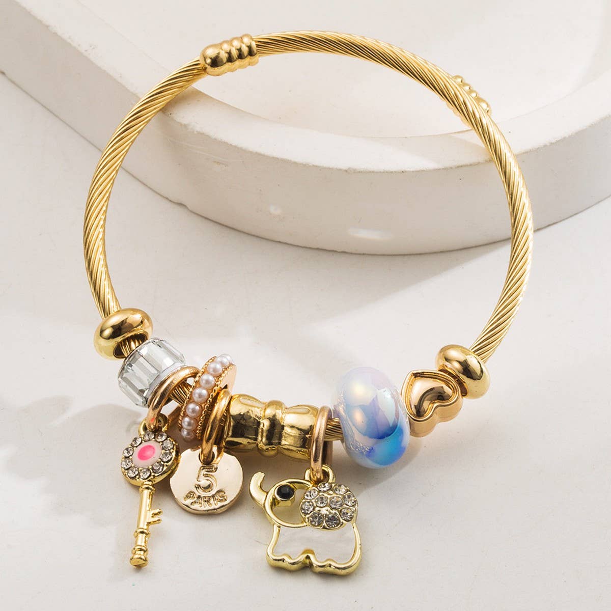 Personalized Elephant Charm Titanium Bracelet_CWMM8607