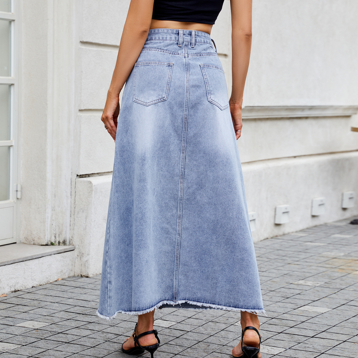 Women??¢s High Waist Denim Midi Skirt with Pockets_CWJSK0203