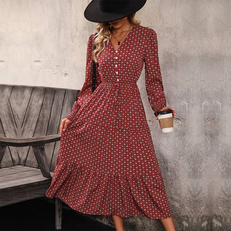 V-NECK LONG SLEEVE PRINTED LONG DRESS