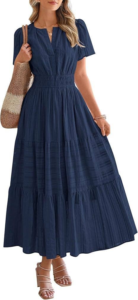 V-neck pleated puffy sleeve short sleeved dress
