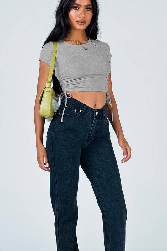 Cwtbls1808_Crew Neck Ribbed Drawstring Slim Fit Crop Top