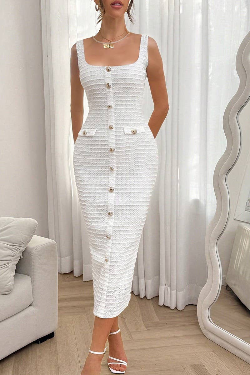 CWDMD01184_SQUARE NECK ELEGANT BUTTON BODYCON MAXI DRESS
