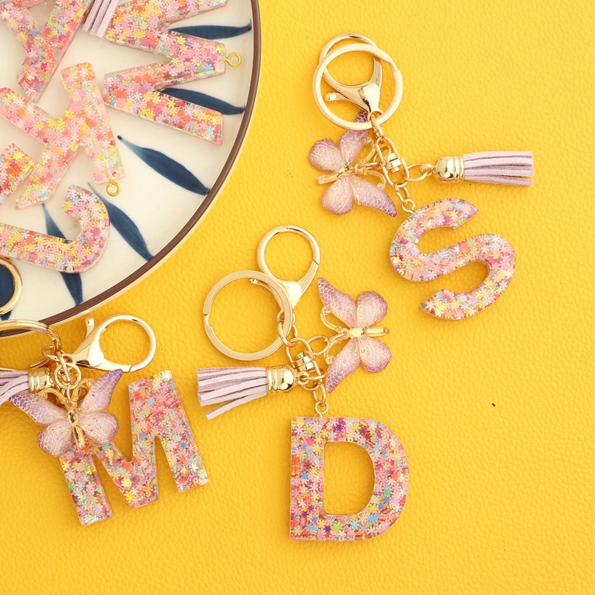 Pink Snowflake Letter Butterfly Keychain_CWMM6865