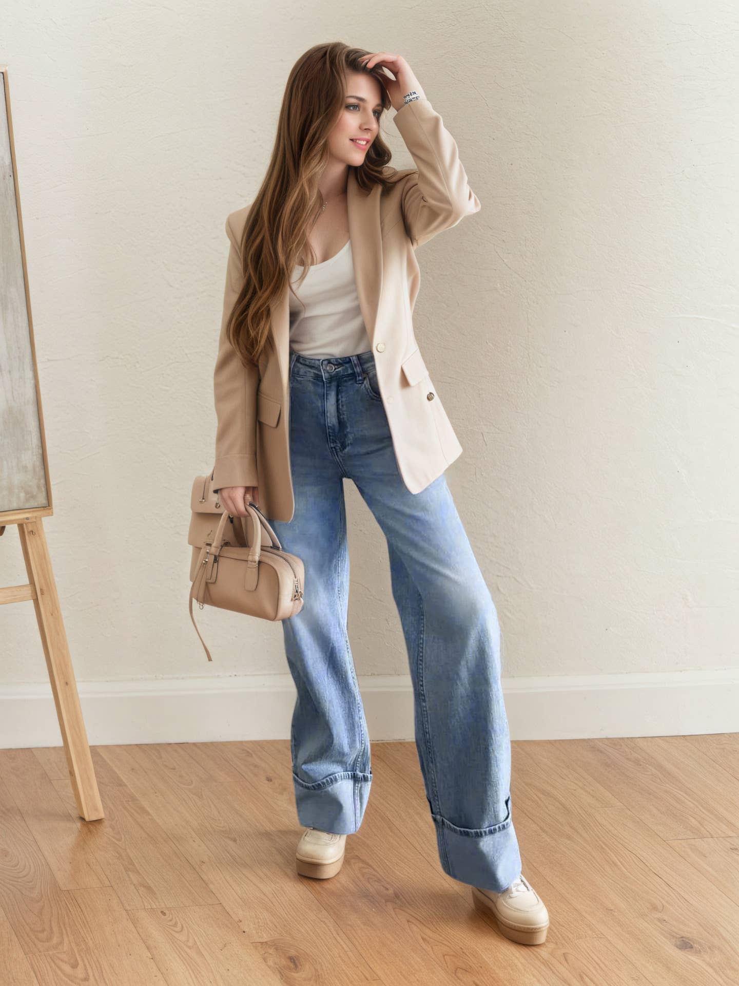 Slightly elastic straight-leg slim wide-leg jeans