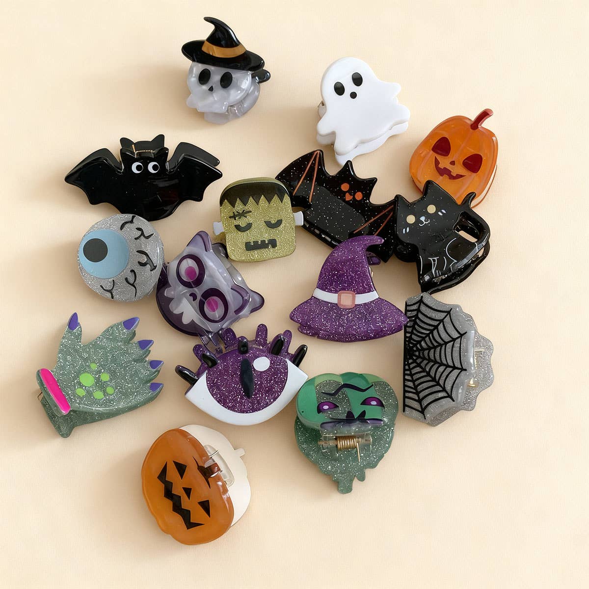 CWAHA07727_HALLOWEEN GHOST PUMPKIN BAT ACRYLIC HAIR CLAW