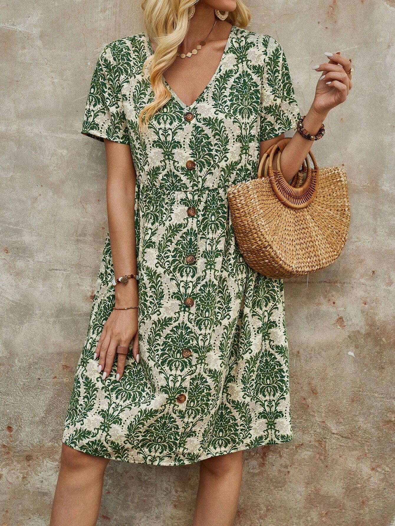 Printed V-neck loose dress