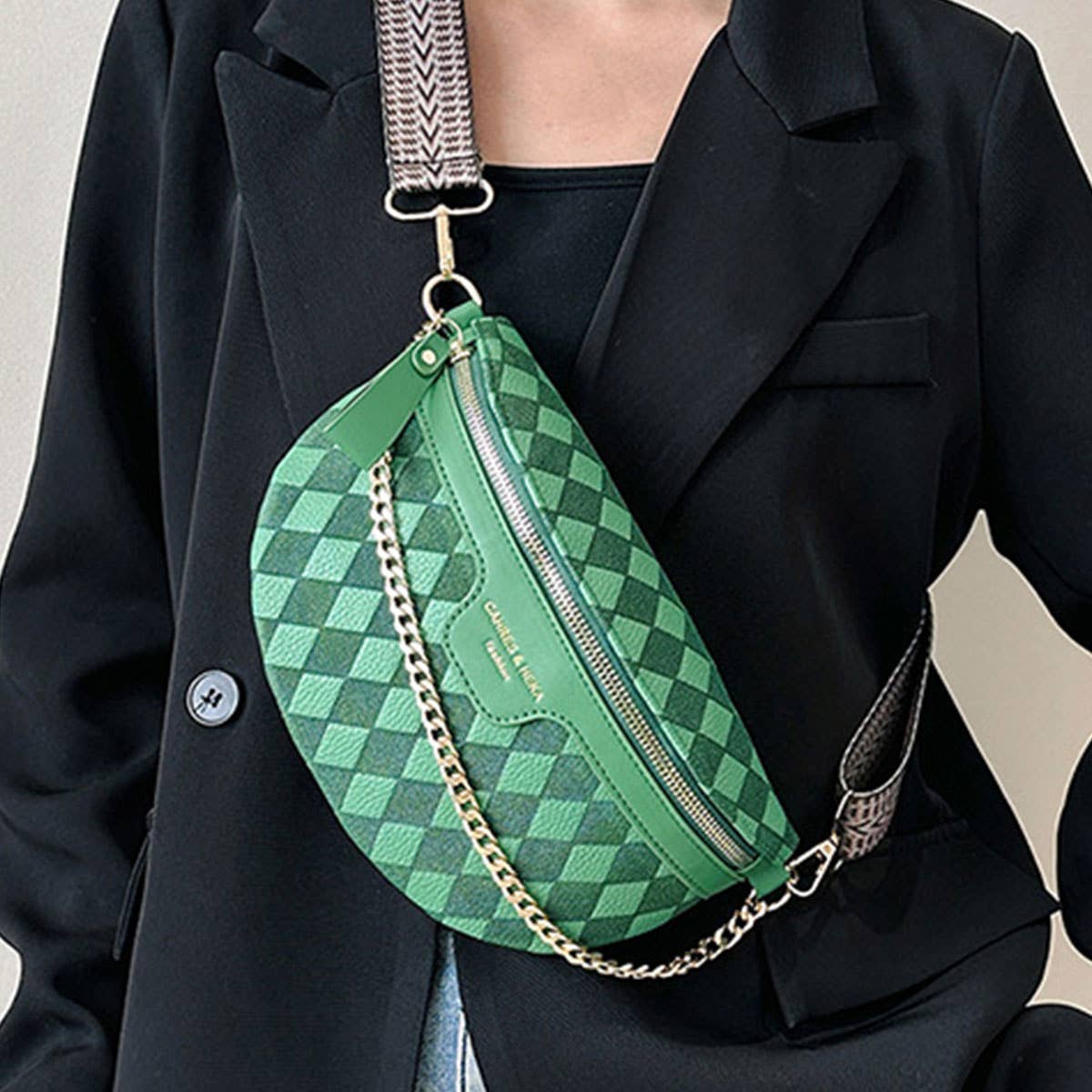 Checkered Chain Strap PU Crossbody Chest Bag_CWAB0911