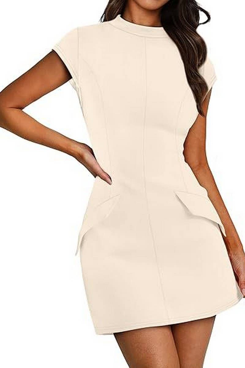 CWDSD8810_ROUND NECK BODYCON PARTY CLUB SHORT SLEEVE DRESS