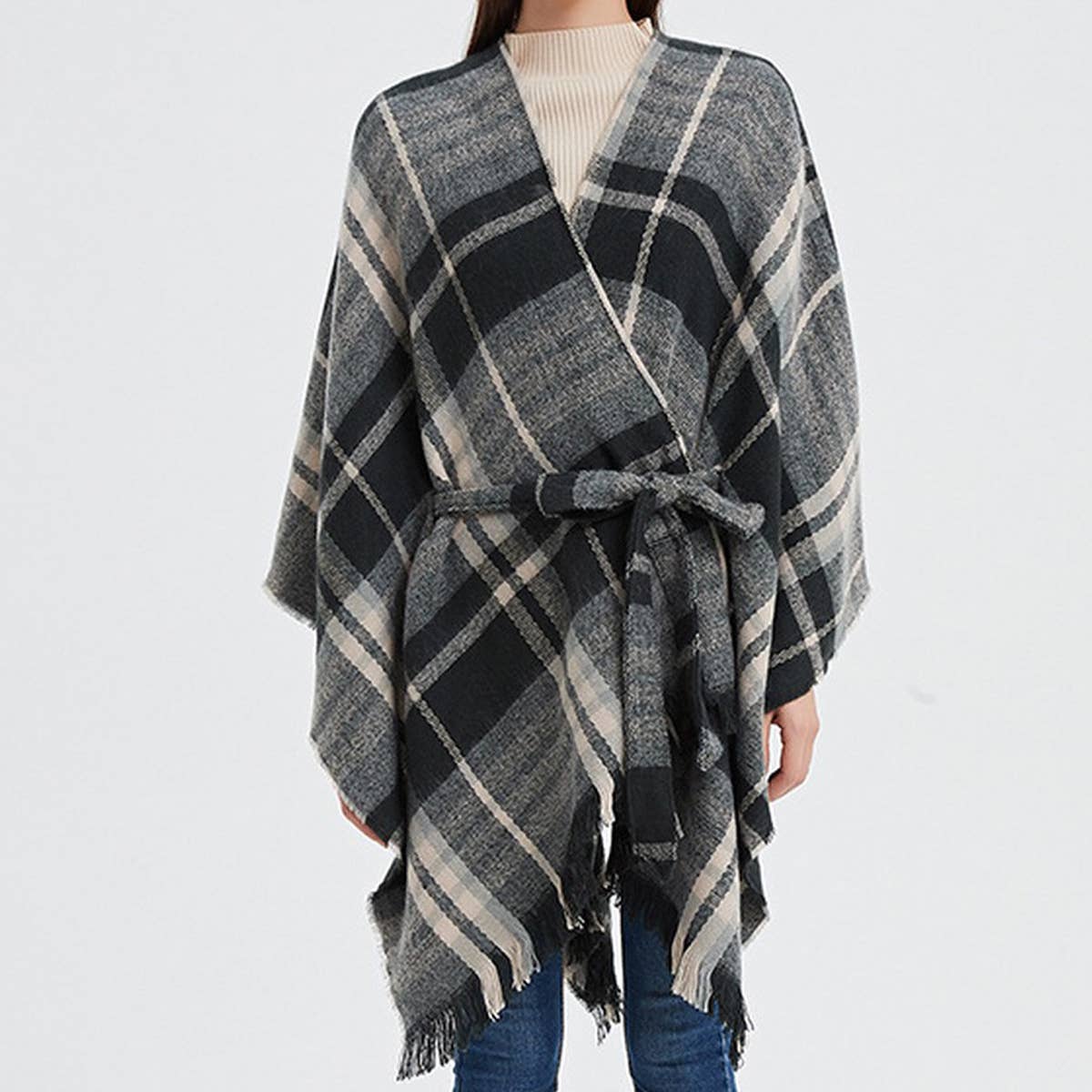 BLACK AND WHITE LINE CARDIGAN SHAWL CLOAK_CWASC0264