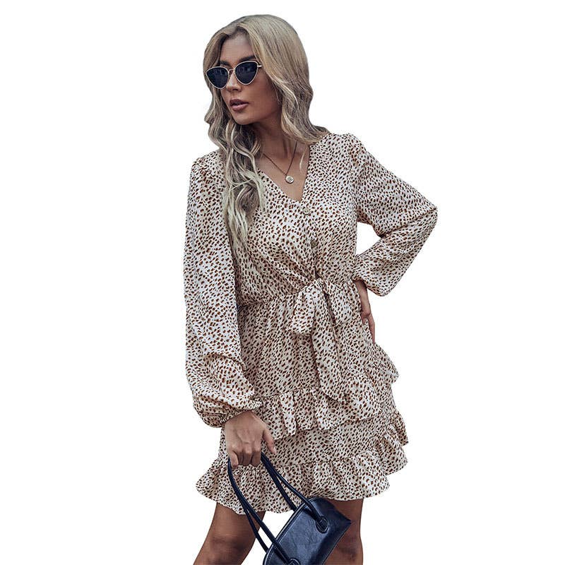 Long-sleeved cake leopard knotted ruffled dress