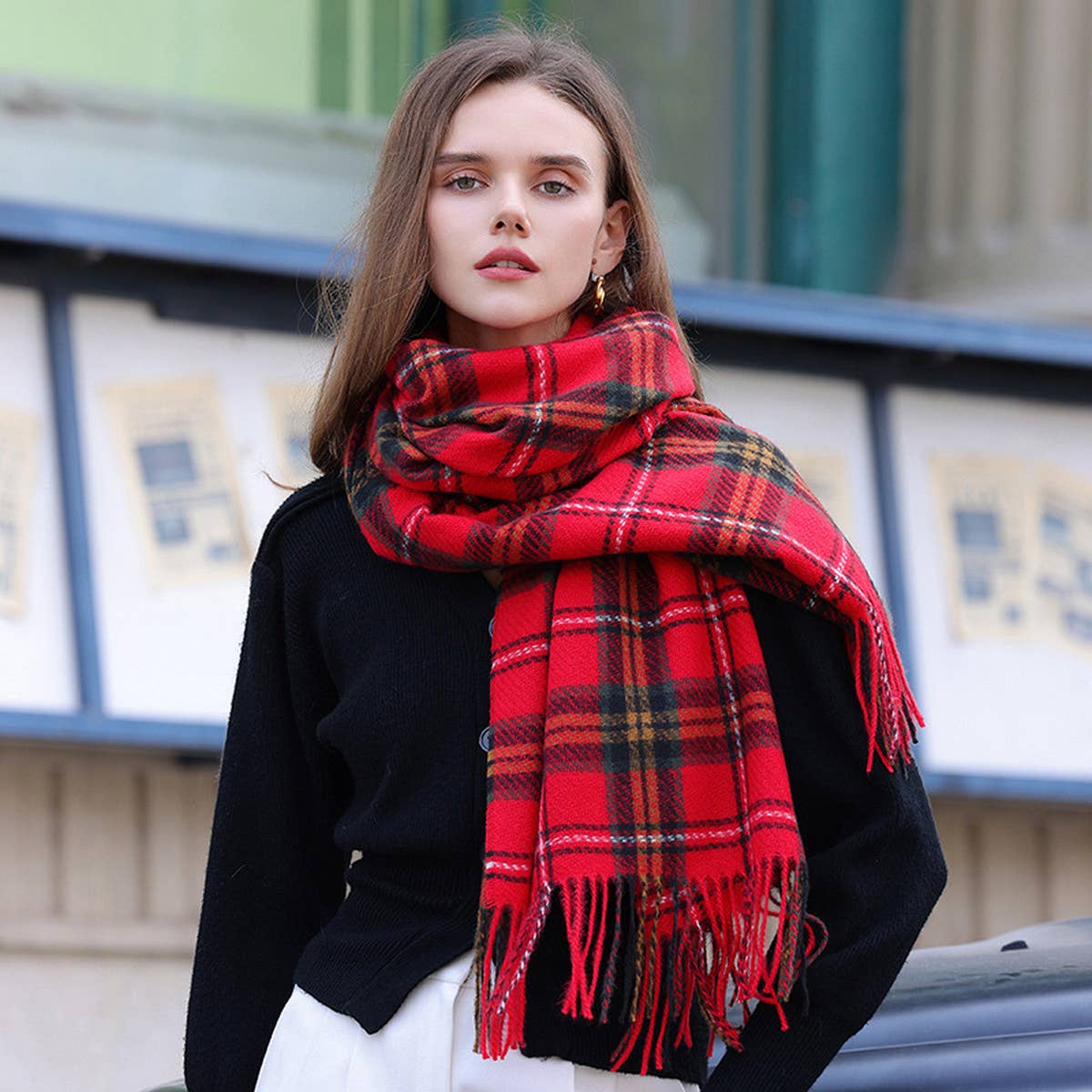 Plaid Winter Scarf for Women ??Soft Tassel Shawl_CWASC0224