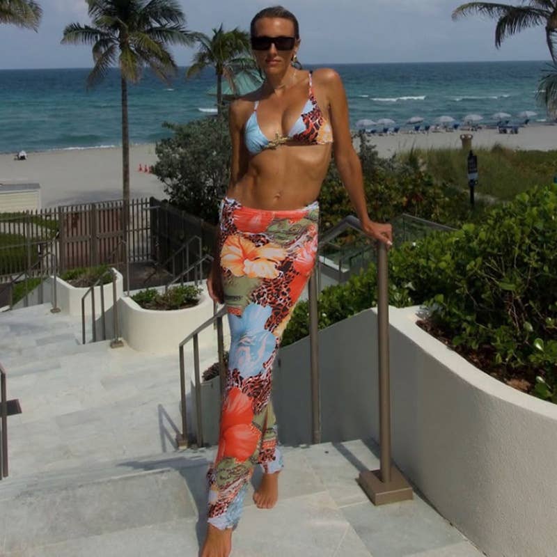 Sexy Tie Front Printed Bikini Three-Piece Set