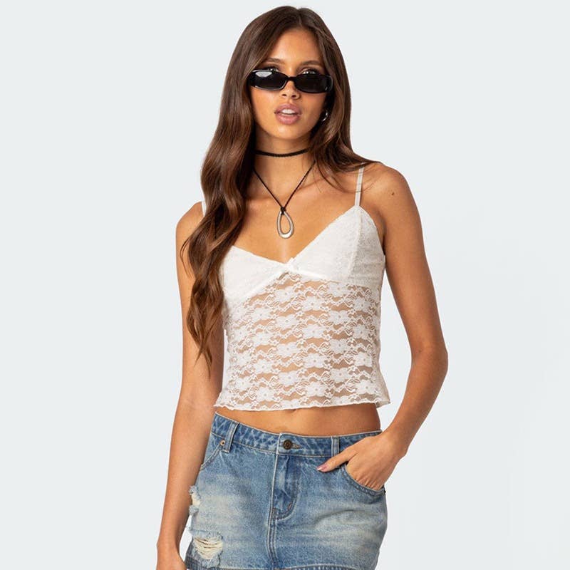 V-neck sexy lace see-through halter top