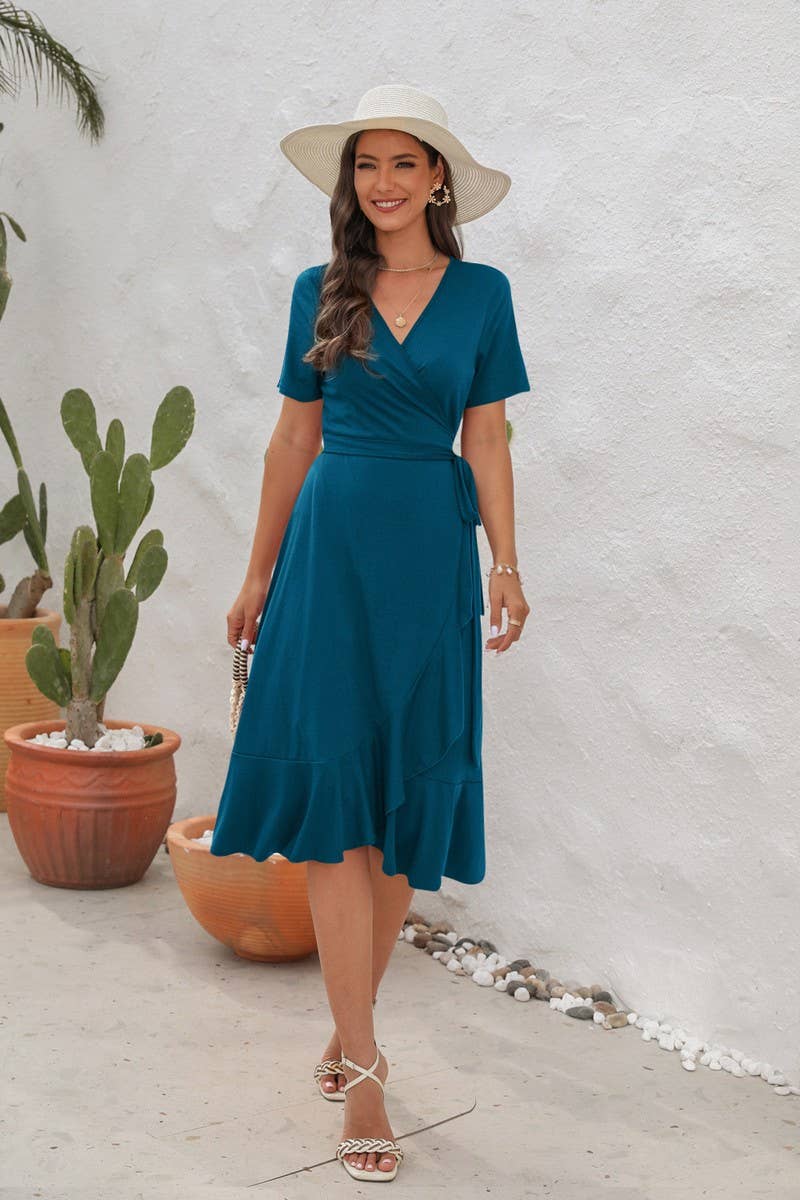 CWDMD2151_SOLID COLOR V-NECK HIGH WAIST BELTED DRESS