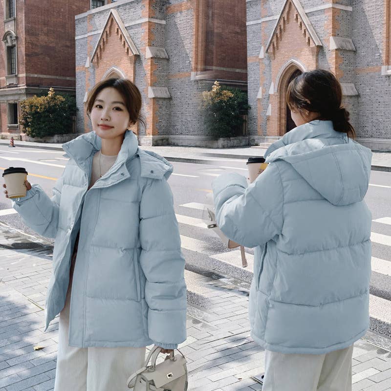 Solid-color hooded cotton-padded jacket