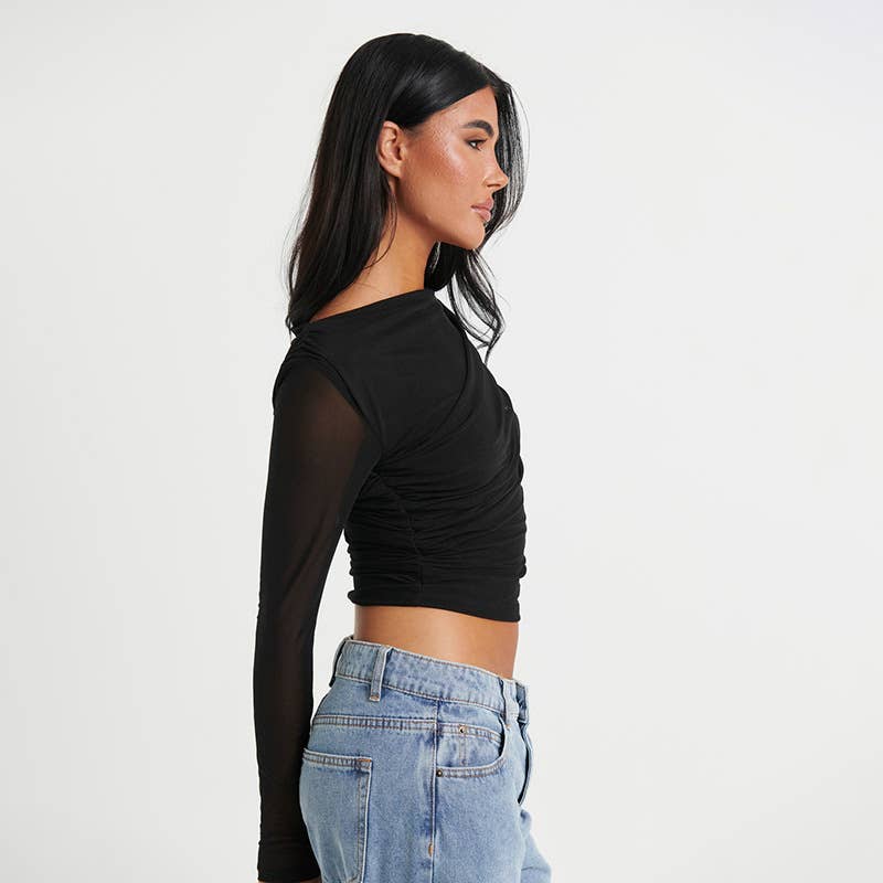 ROUND NECK SOLID COLOR MESH PLEATED CROP TOP