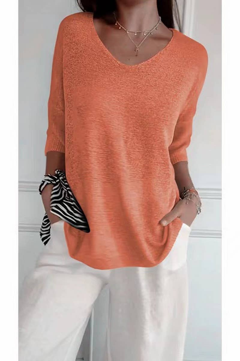 CWOSWL07659_V-NECK SOLID COLOR KNITTED BOTTOMING TOP