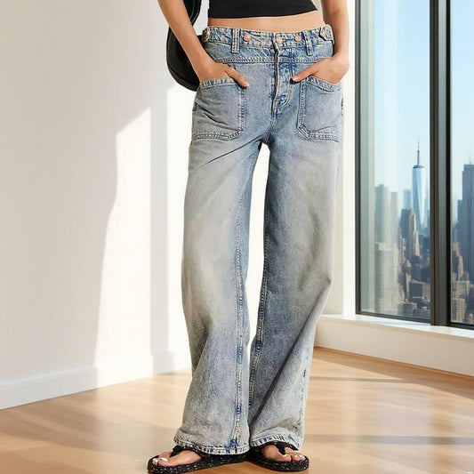 Non-elastic washed straight-leg workwear jeans