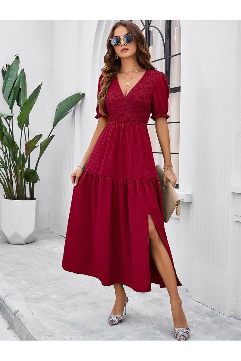 CWDMD2403_V-Neck Smocking Short Sleeve Split Midi Dress