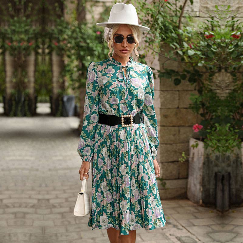 Pleated print long-sleeved vintage dress