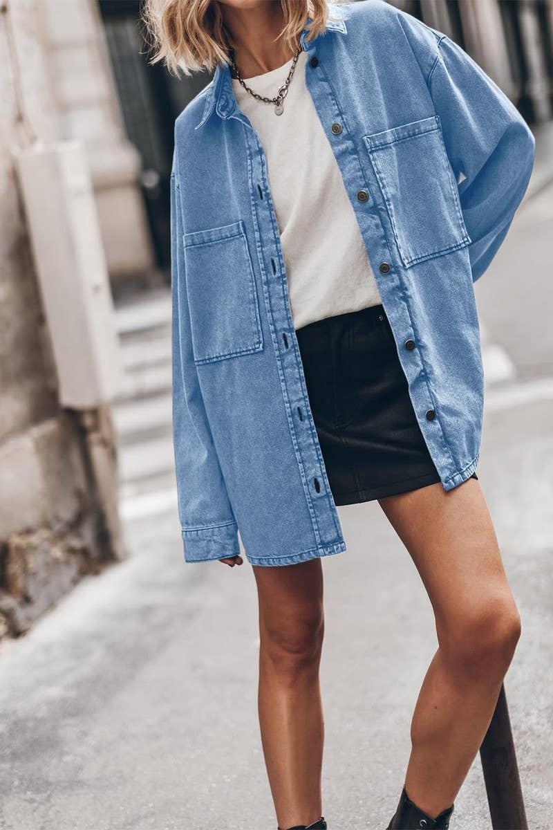CWOCO1183_VINTAGE BLUE DENIM POCKETED LOOSE SHIRT