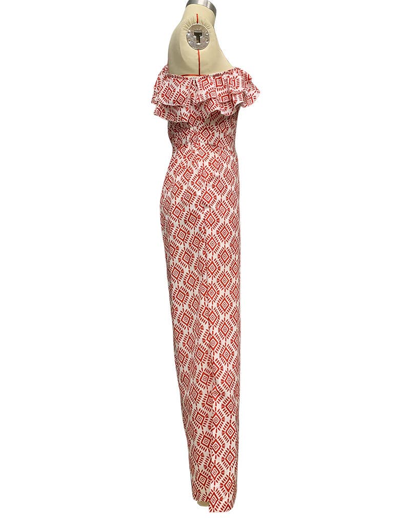 SLANT SHOULDER SLEEVELESS LONG PRINTED JUMPSUIT